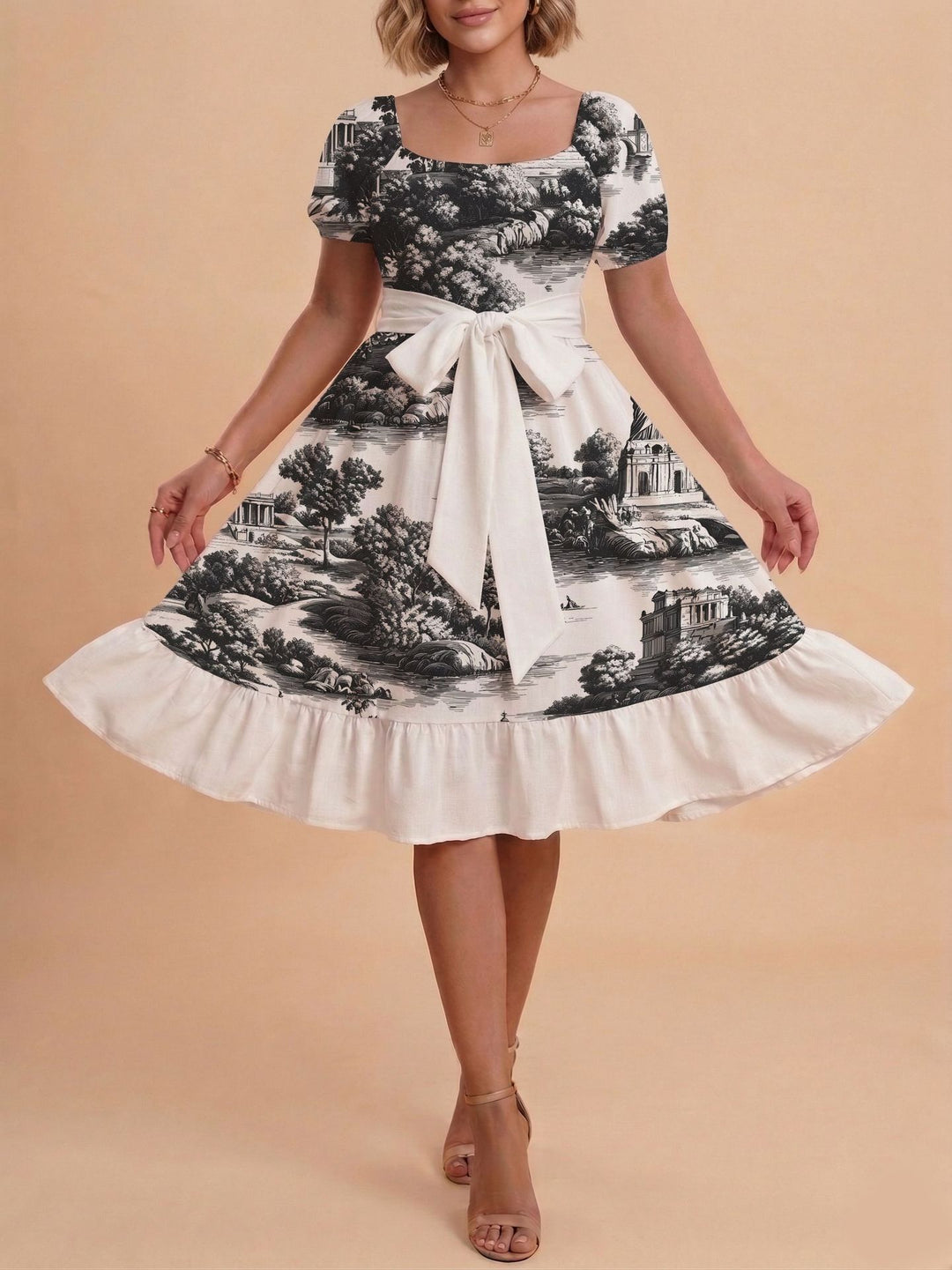 Damen Retro Maxikleid mit Puffärmeln und Taillengürtel EB