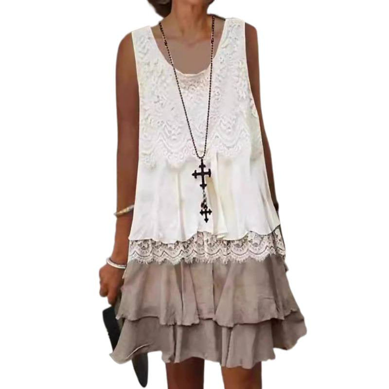 Damen lässiges Strandkleid mit Spitzenverzierung und voluminösem Rüschensaum EB