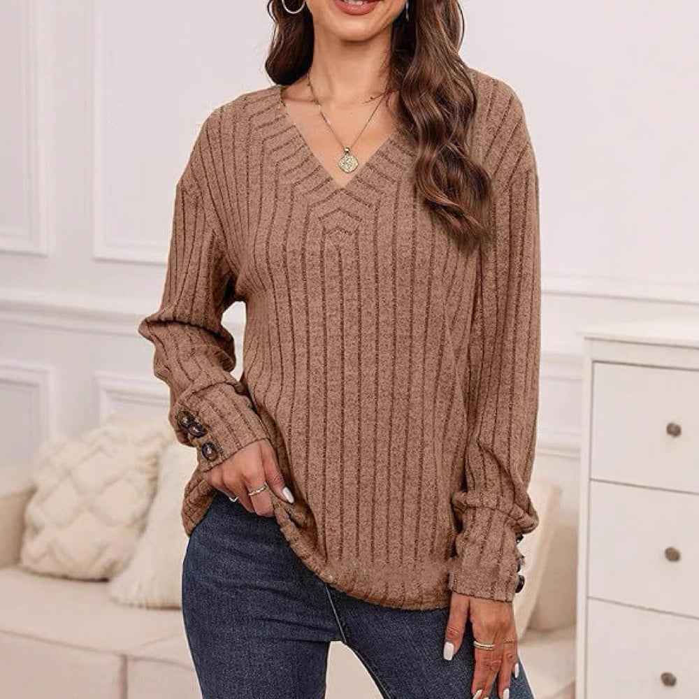 Damen Strickpullover mit V-Ausschnitt und dekorativen Knopfdetails EB