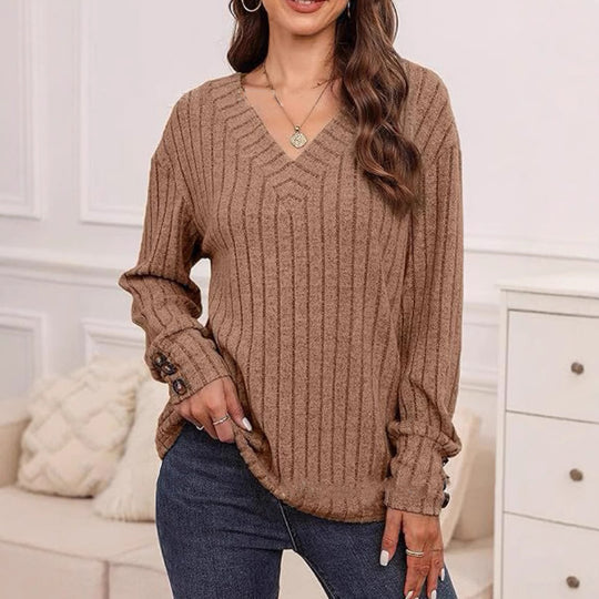Damen Strickpullover mit V-Ausschnitt und dekorativen Knopfdetails EB