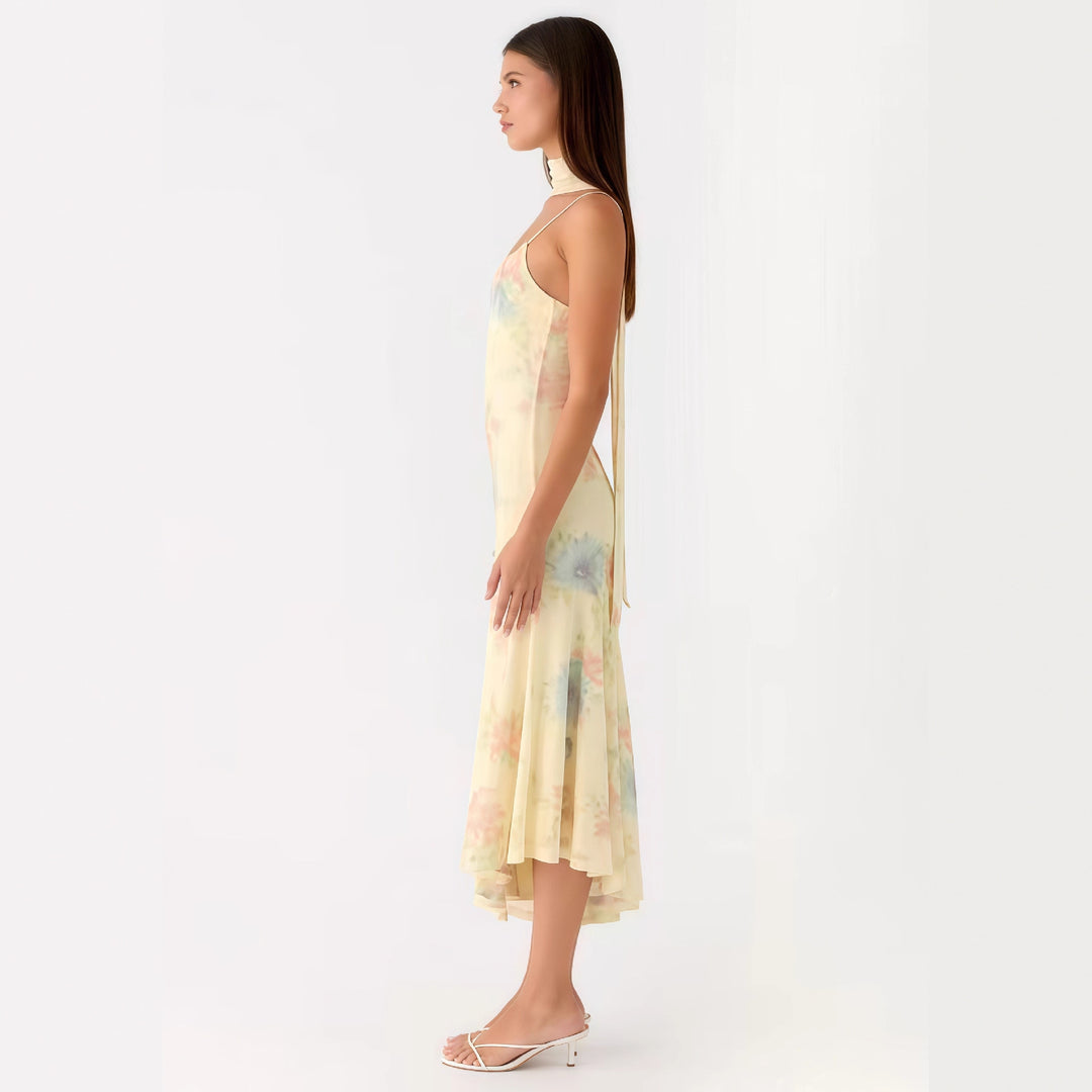 Damen Elegantes Maxikleid mit blumigem Chiffon-Design und Neckholder-Ausschnitt EB