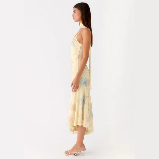 Damen Elegantes Maxikleid mit blumigem Chiffon-Design und Neckholder-Ausschnitt EB