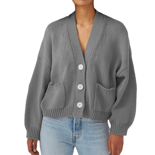Damen lässiger Strickcardigan mit großen Taschen und Knopfverschluss EB