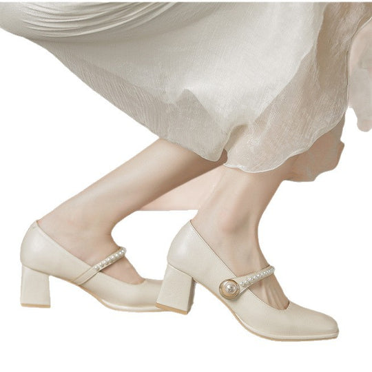 Damen Mary Jane Pumps mit elegantem Perlenschmuck und Blockabsatz EB