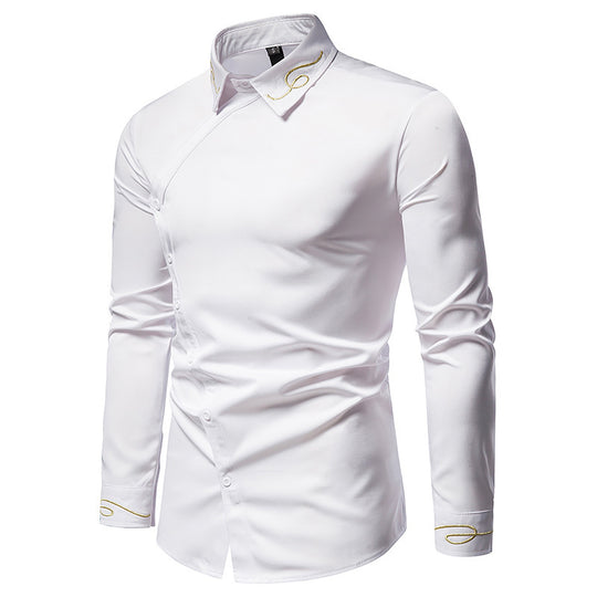 Herren Elegantes Langarmhemd mit asymmetrischem Knopfdesign und gesticktem Kragen EB