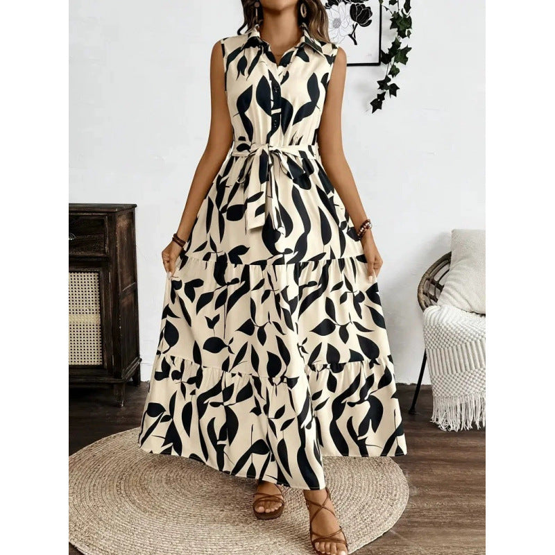 Damen Maxikleid mit geschichtetem Rock und elegantem Taillengürtel EB
