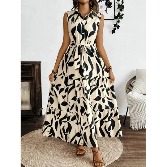 Damen Maxikleid mit geschichtetem Rock und elegantem Taillengürtel EB