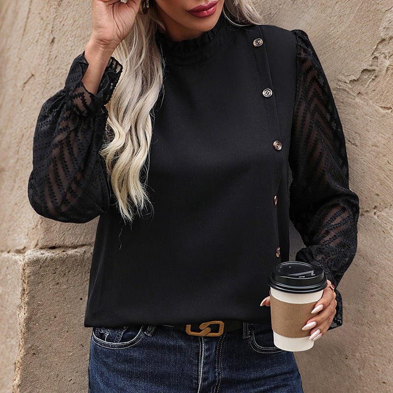 Damen Bluse mit eleganten transparenten Ärmel und Knopfdetails EB