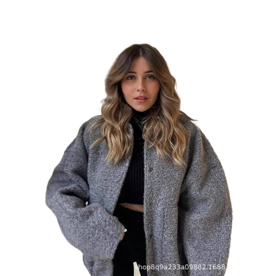 Damen Oversized Strickjacke aus weichem Teddystoff mit Stehkragen und seitlichen Taschen EB