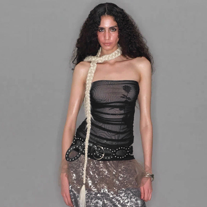 Damen Bandeau-Top mit Raffung und transparentem Stoff EB