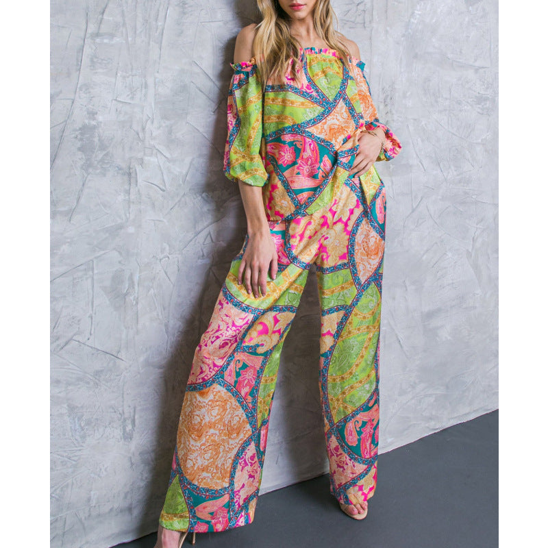 Damen Off-Shoulder Jumpsuit mit weitem Bein und buntem Muster EB