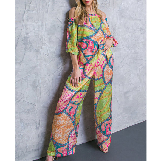 Damen Off-Shoulder Jumpsuit mit weitem Bein und buntem Muster EB