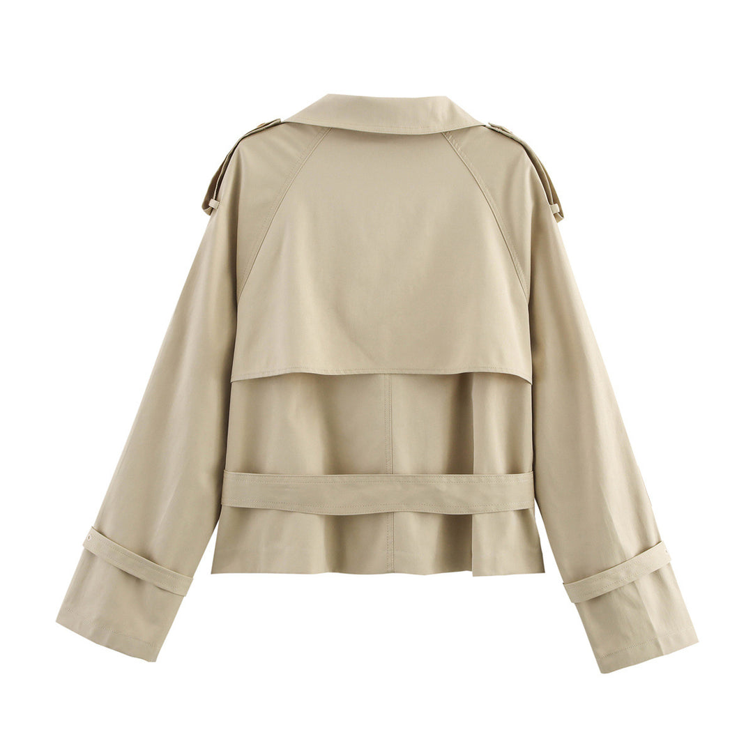Damen modische Trenchjacke mit einzigartigen Knopfdetails und modernem Gürtel EB