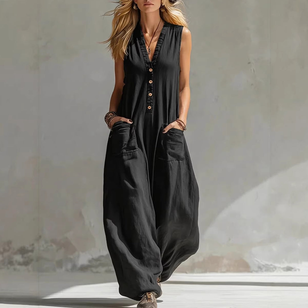 Damen Jumpsuit mit tiefem V-Ausschnitt und praktischen Taschen EB