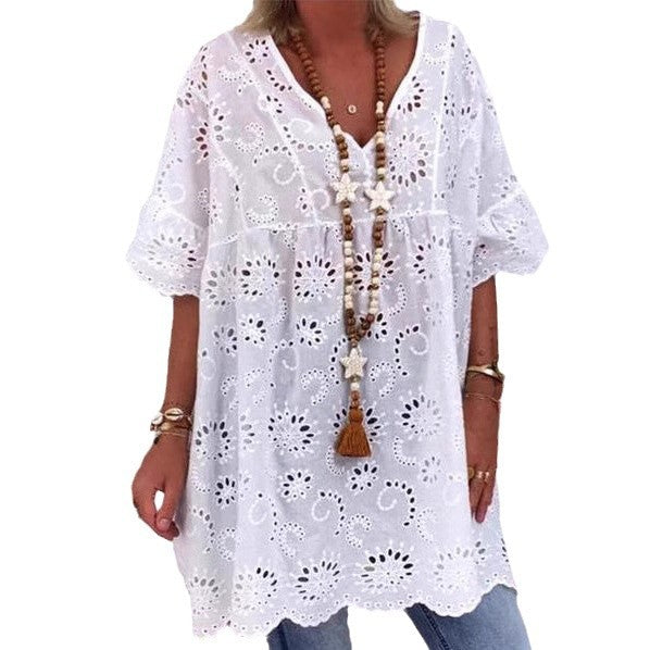 Damen Bluse mit floralen Stickereien und weiten Ärmeln EB