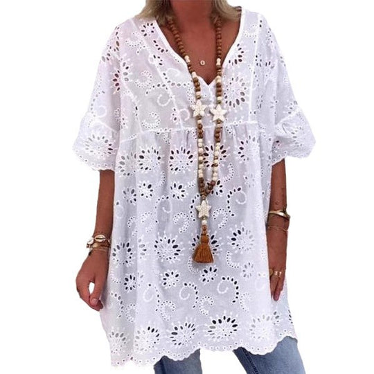 Damen Bluse mit floralen Stickereien und weiten Ärmeln EB