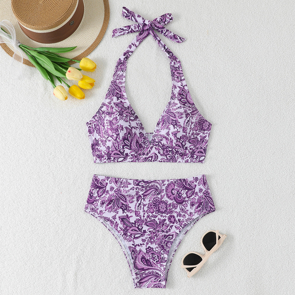 Damen Hochtailliertes Bikini-Set mit floralem Design und verspieltem Halteroberteil EB