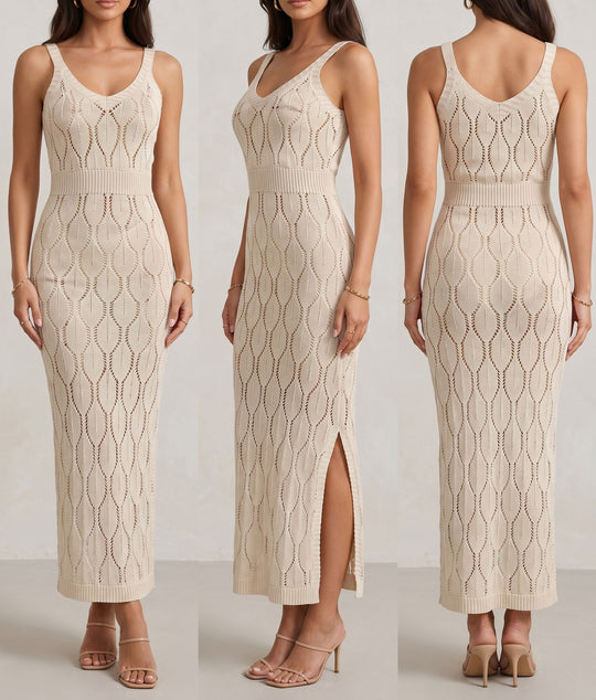 Damen elegantes Strick-Maxikleid mit seitlichen Schlitzen EB