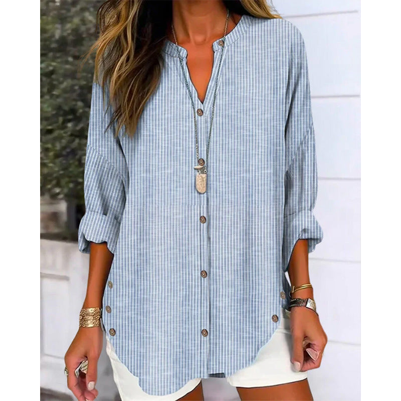 Damen Langarm Blusenshirt mit Knopfleiste und asymmetrischem Saum EB