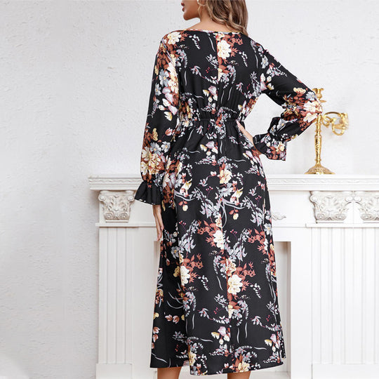 Damen Maxikleid mit floralem Design und hochgeschlitztem Saum EB