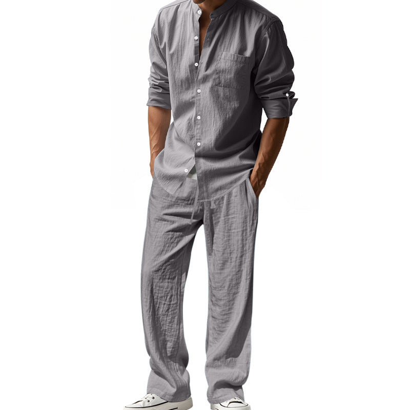 Herren nan legeres Leinen-Relax-Set mit Stehkragen-Hemd und weitem Kordelbund-Hose EB