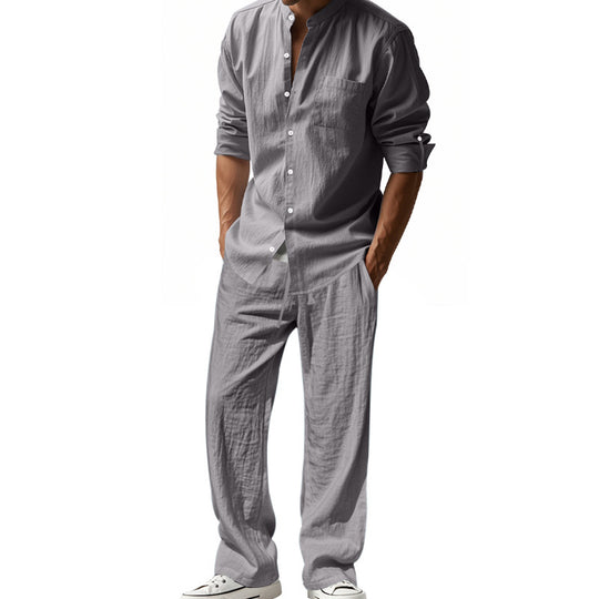 Herren nan legeres Leinen-Relax-Set mit Stehkragen-Hemd und weitem Kordelbund-Hose EB