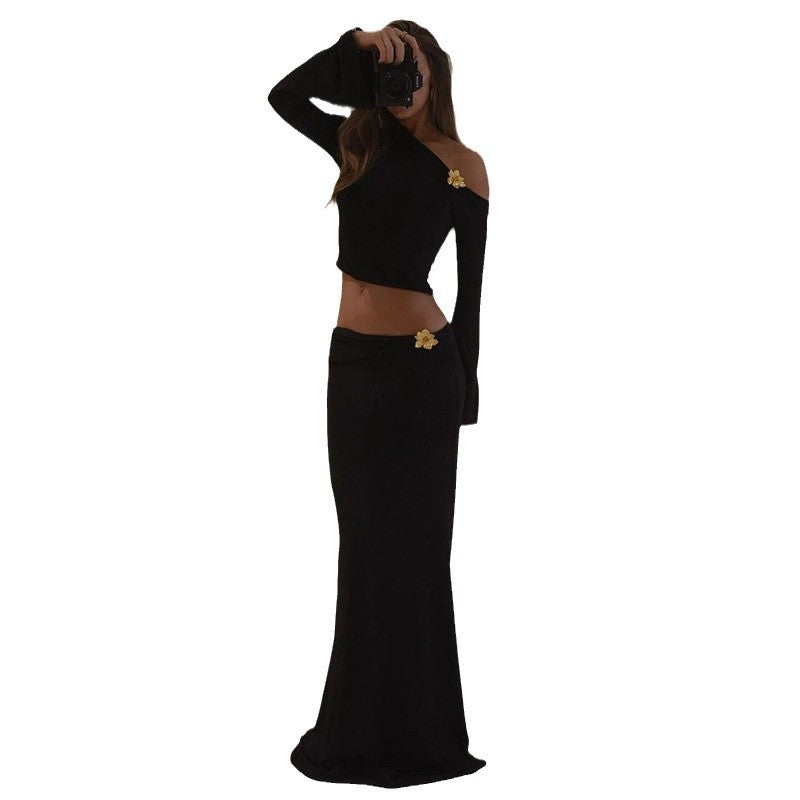 Damen Maxi-Rock mit asymmetrischem Oberteil und eleganten Trompetenärmeln EB