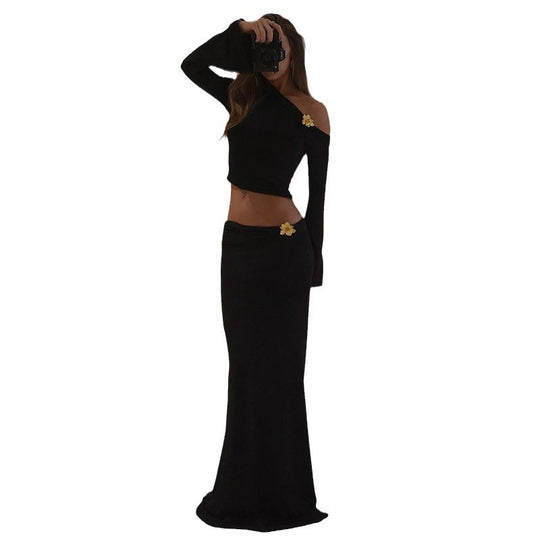 Damen Maxi-Rock mit asymmetrischem Oberteil und eleganten Trompetenärmeln EB