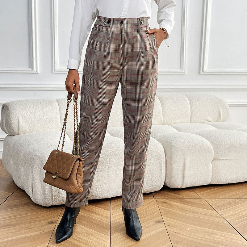 Damen Karottenhose mit hochgezogenem Bund und modischem Karo-Muster EB