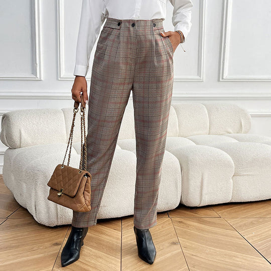 Damen Karottenhose mit hochgezogenem Bund und modischem Karo-Muster EB