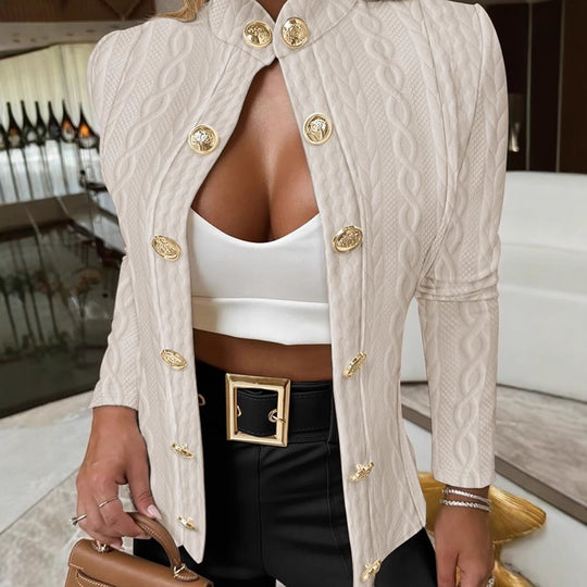 Damen Eleganter Strickblazer mit goldenen Knöpfen und Stehkragen EB