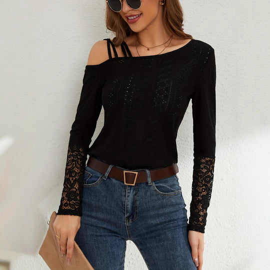 Damen Off-Shoulder Oberteil mit Spitzenbesatz und Trägerdesign EB
