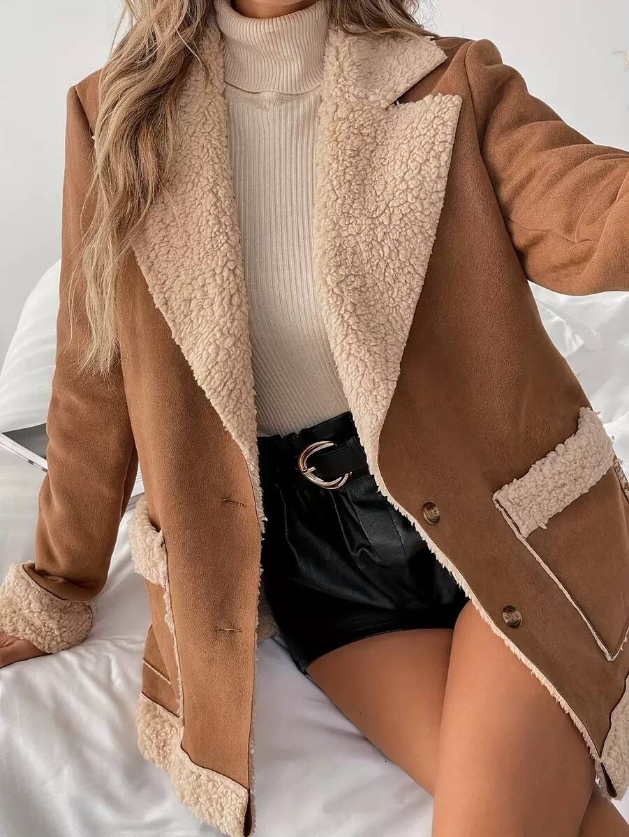 Damen Oversized Teddy-Jacke mit Taschen und weich gefüttertem Kragen EB