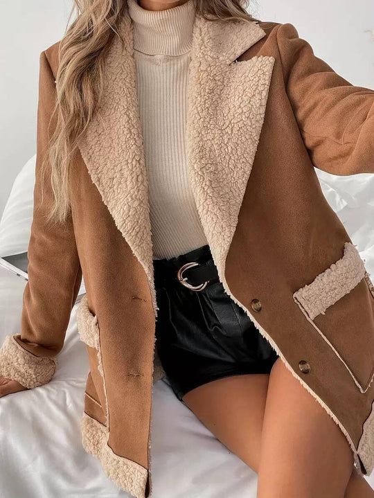 Damen Oversized Teddy-Jacke mit Taschen und weich gefüttertem Kragen EB