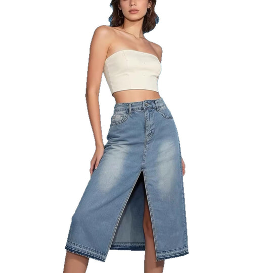 Damen Midi-Denim-Rock mit hohem Schlitz und fransigem Saum EB