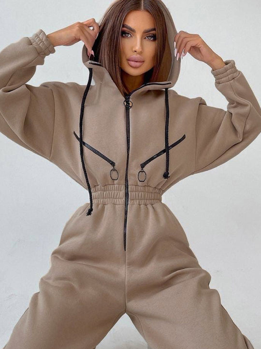 Damen Taillierter Kapuzen-Sweat-Jumpsuit mit Reißverschluss und elastischem Taillenbund EB