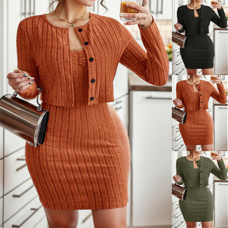 Damen Modisches Strickkleid mit tailliertem Schnitt und offener Cardigan-Optik EB