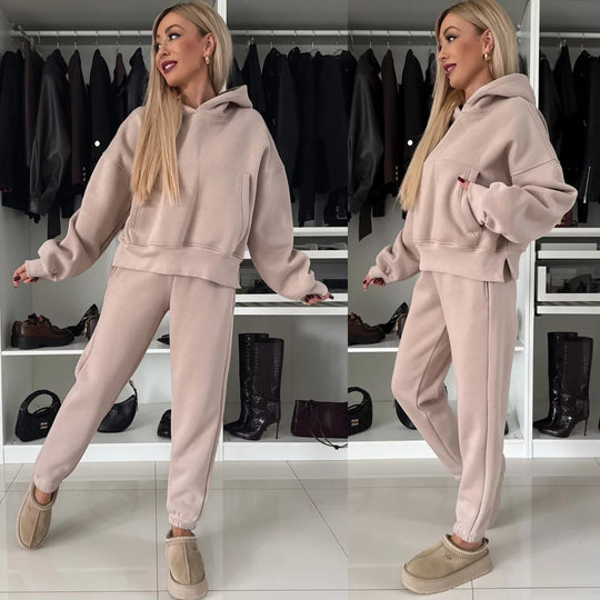 Damen Kurzgeschnittenes Kapuzen-Hoodie und High‑Waist Jogginghose Set aus weichem French-Terry EB
