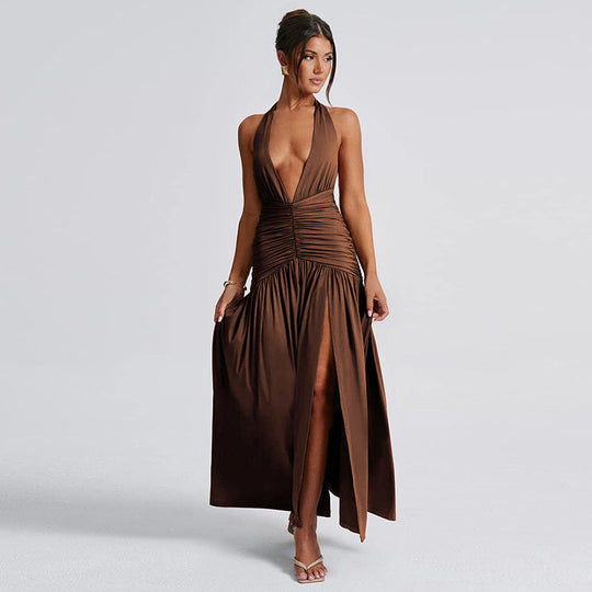 Damen Maxi Kleid mit gerafftem Design und tiefem V-Ausschnitt EB