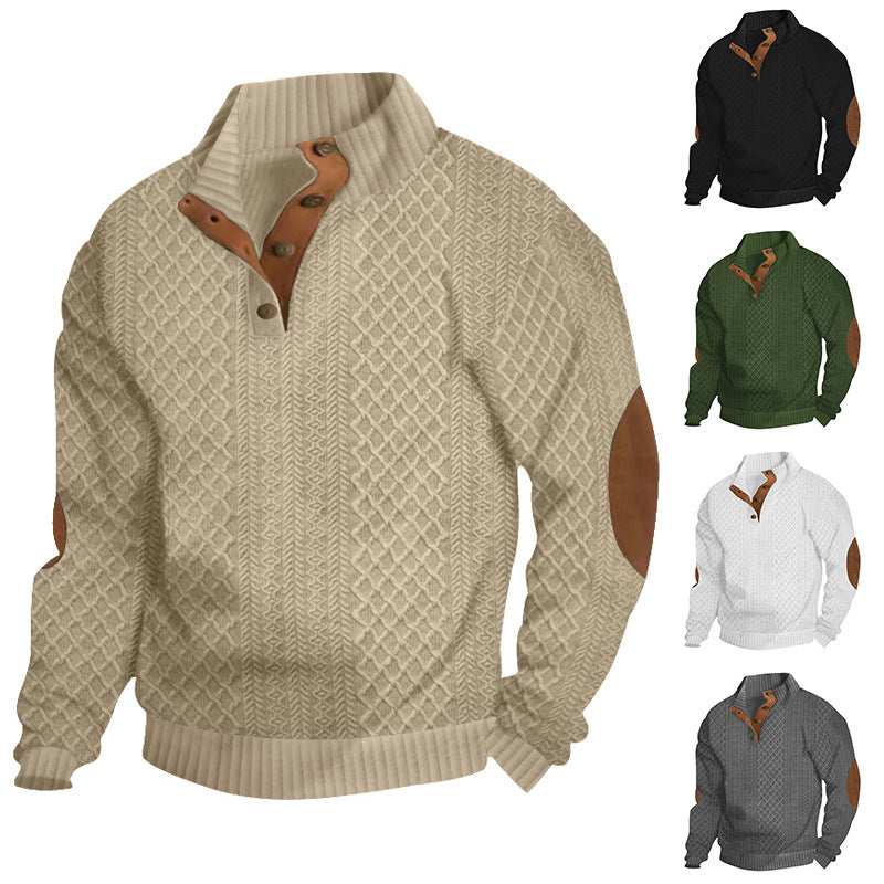 Herren nan grobstrickpullover mit Stehkragen, Knopfleiste und Ellbogenpatches EB