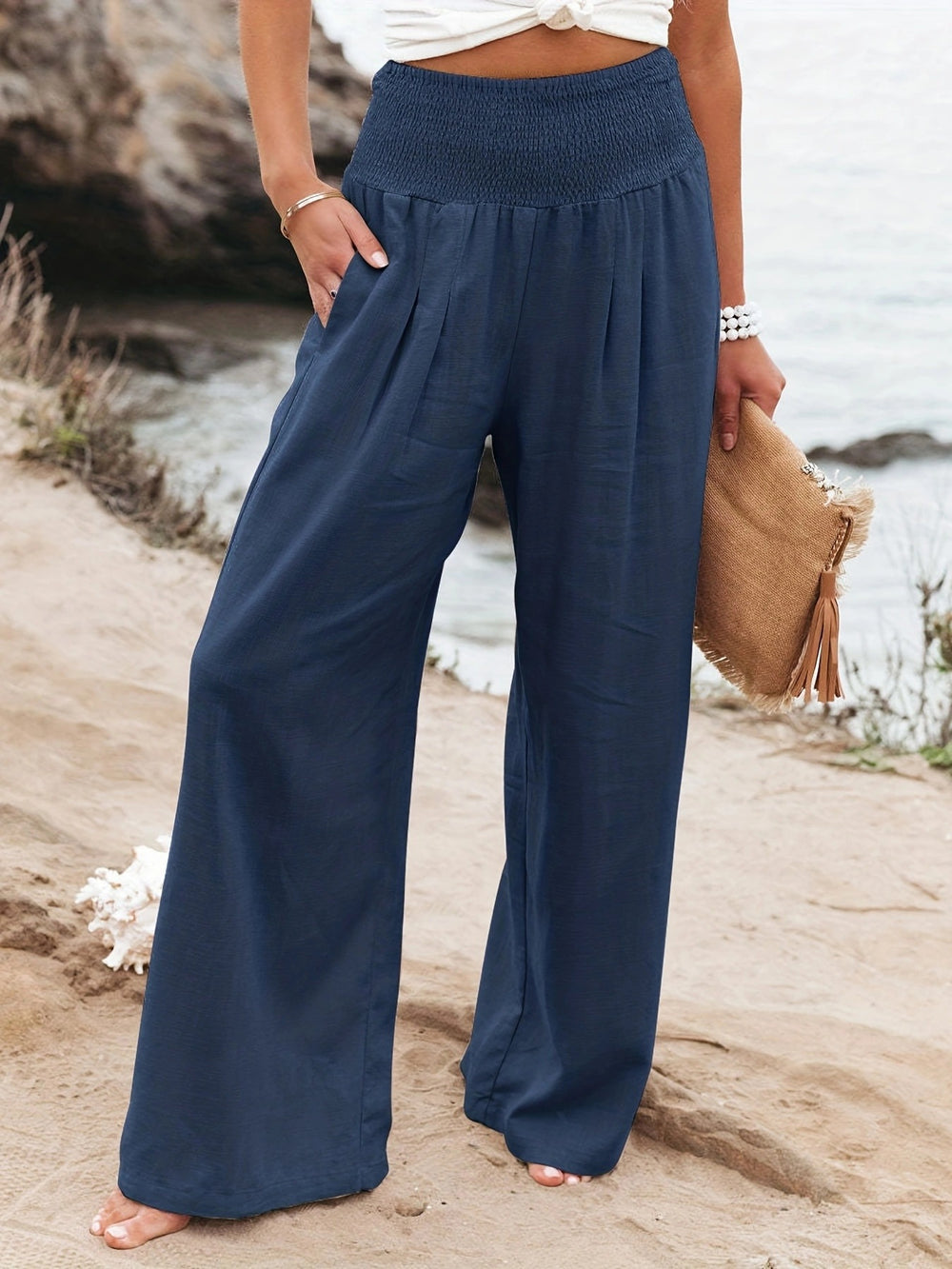 Damen weite Sommerhose mit elastischem Bund und elegantem Faltenwurf EB