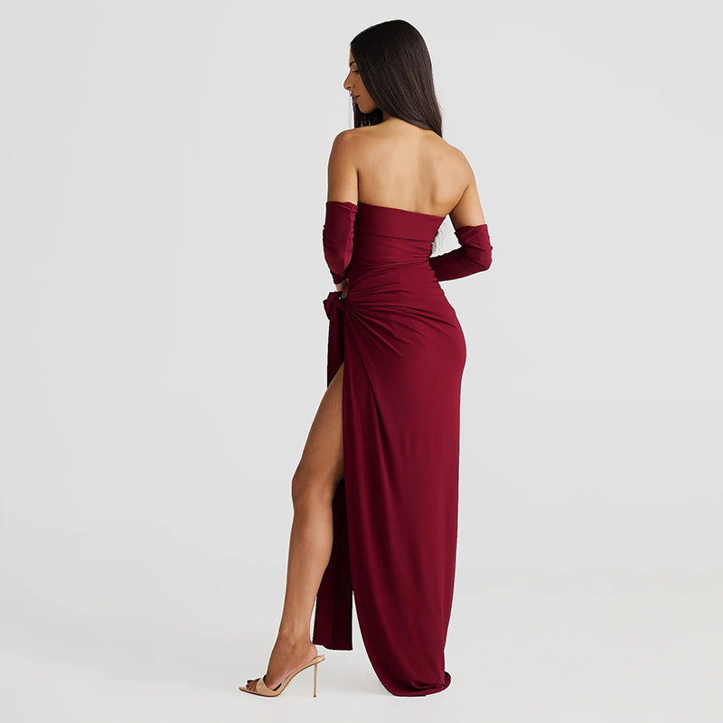 Damen Elegantes Schulterfreies Abendkleid mit Raffung und hohem Schlitz EB