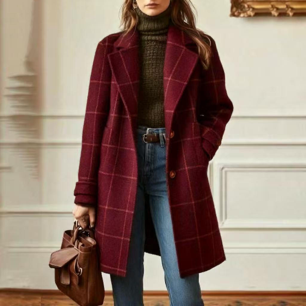 Damen nan karierter Wollmix Mantel mit Reverskragen, aufgesetzten Taschen und taillierter Silhouette EB