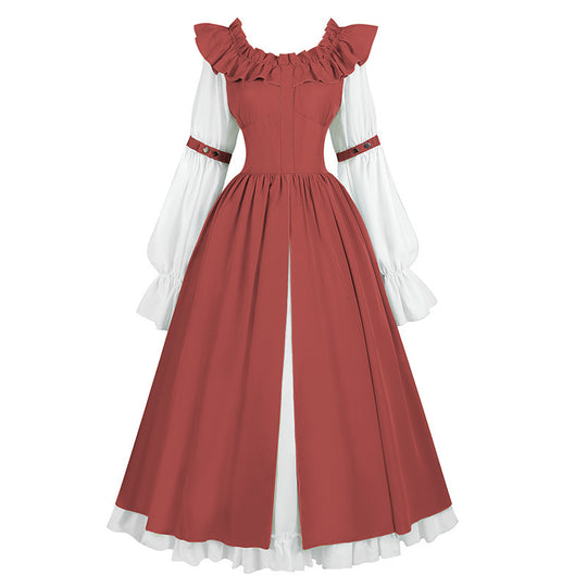 Damen nan romantisches viktorianisches Kleid mit Rüschenkragen, taillierter Korsagenoptik und ausgestelltem Tellerrock EB