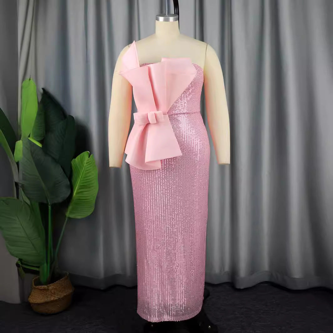Damen glitzerndes Abendkleid mit asymmetrischem Design und extravaganten Rüschen EB