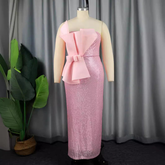 Damen glitzerndes Abendkleid mit asymmetrischem Design und extravaganten Rüschen EB