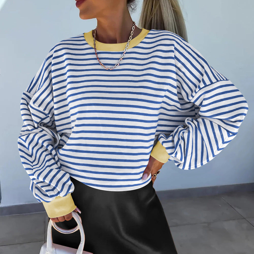 Damen lässiges gestreiftes Sweatshirt mit Boxy-Schnitt und kontrastierenden Abschlüssen EB