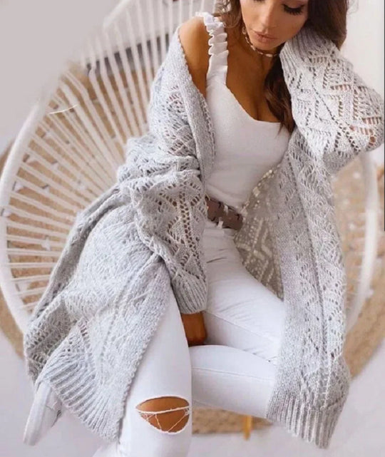 Damen Strickjacke mit modernen Häkelmustern und lockerem Schnitt EB