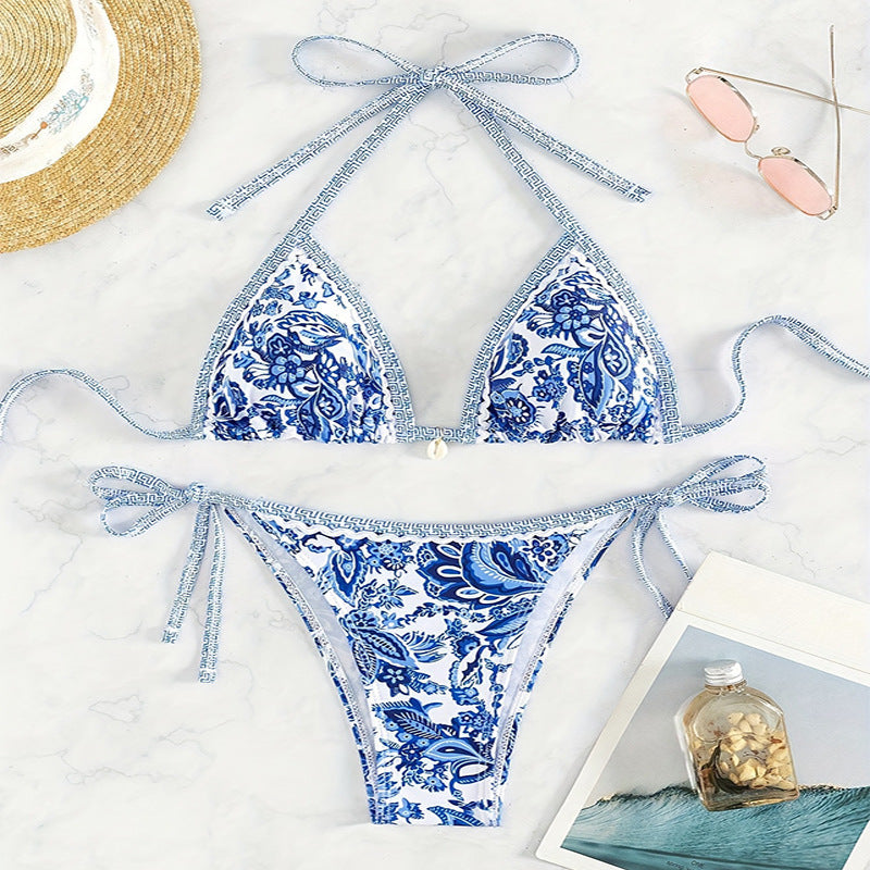 Damen Triangel-Bikini mit romantischem Blumenmuster und verstellbaren Trägern EB