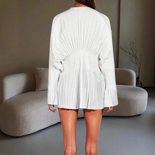 Damen Plissiertes Kleid mit tiefem V-Ausschnitt und weitem Ärmel EB